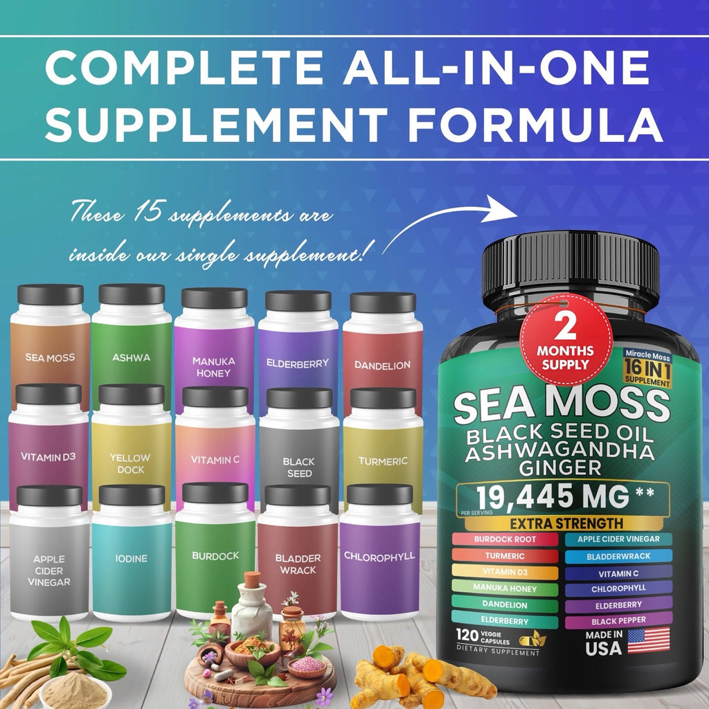 Sea Moss Black Seed Oil Ashwagandha and Burdock Root 16 in 1 Supplement