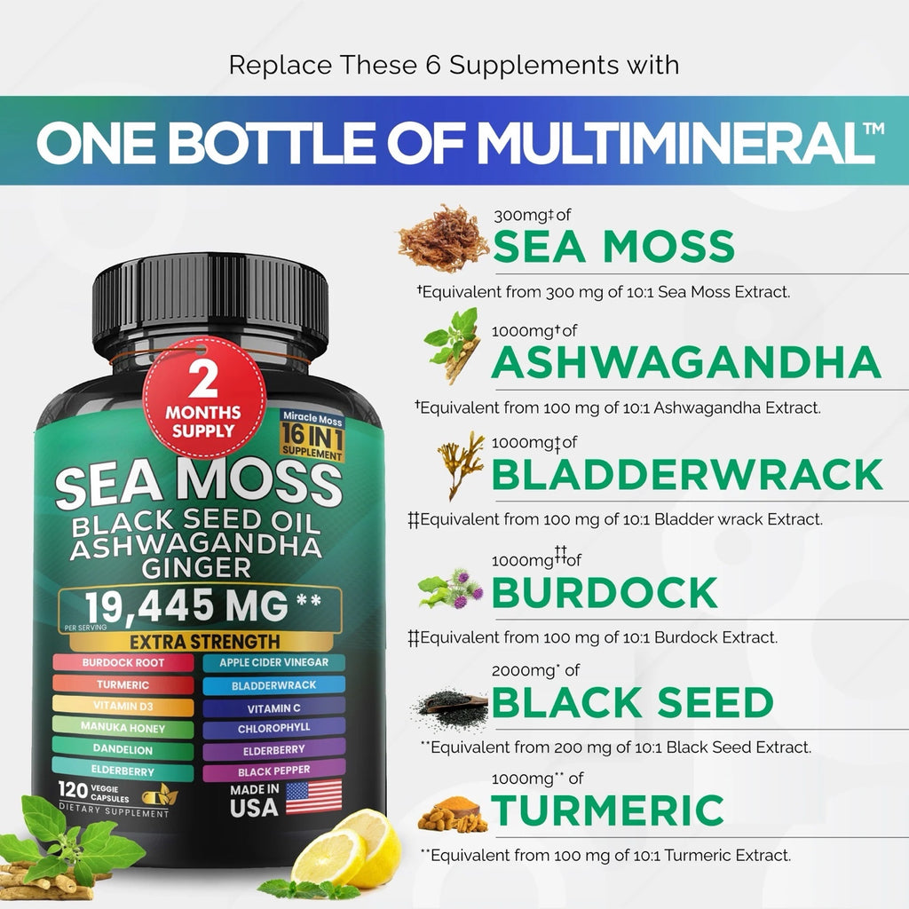Sea Moss Black Seed Oil Ashwagandha and Burdock Root 16 in 1 Supplement