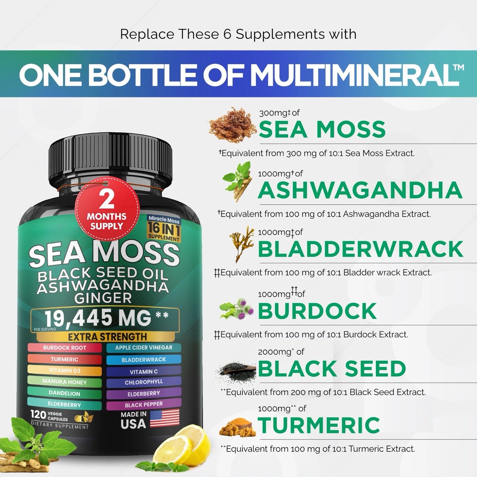 Sea Moss Black Seed Oil Ashwagandha and Burdock Root 16 in 1 Supplement