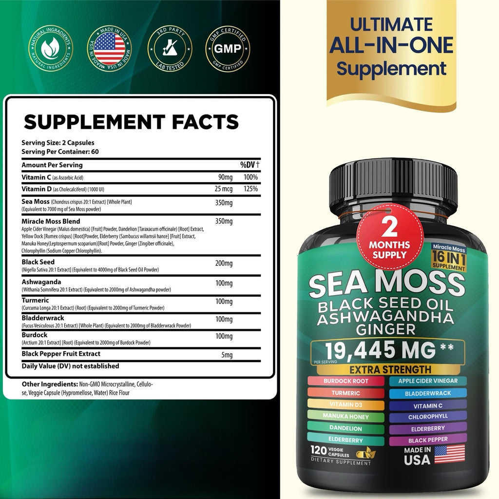 Sea Moss Black Seed Oil Ashwagandha and Burdock Root 16 in 1 Supplement