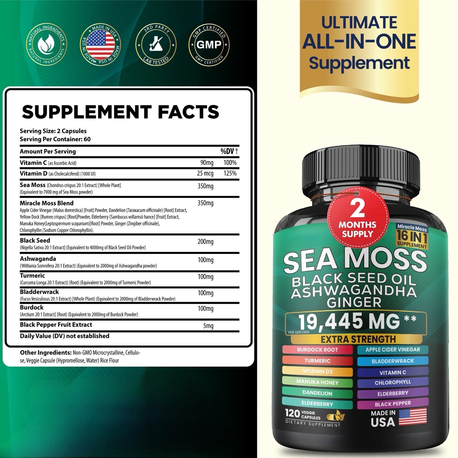Sea Moss Black Seed Oil Ashwagandha and Burdock Root 16 in 1 Supplement